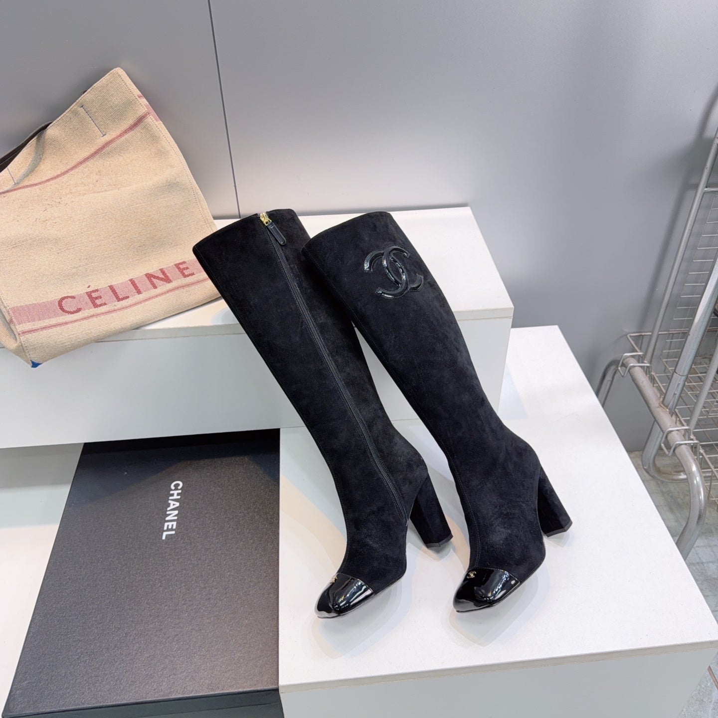 CC 26s Cap-Toe Knee-High Boots 8.5cm Black Stretch Suede 966844