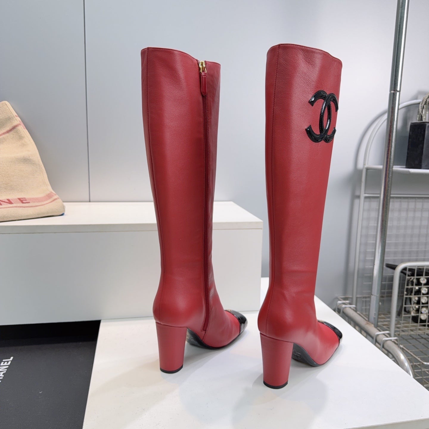CC 26s Cap-Toe Knee-High Boots 8.5cm Red Stretch Lambskin 966846
