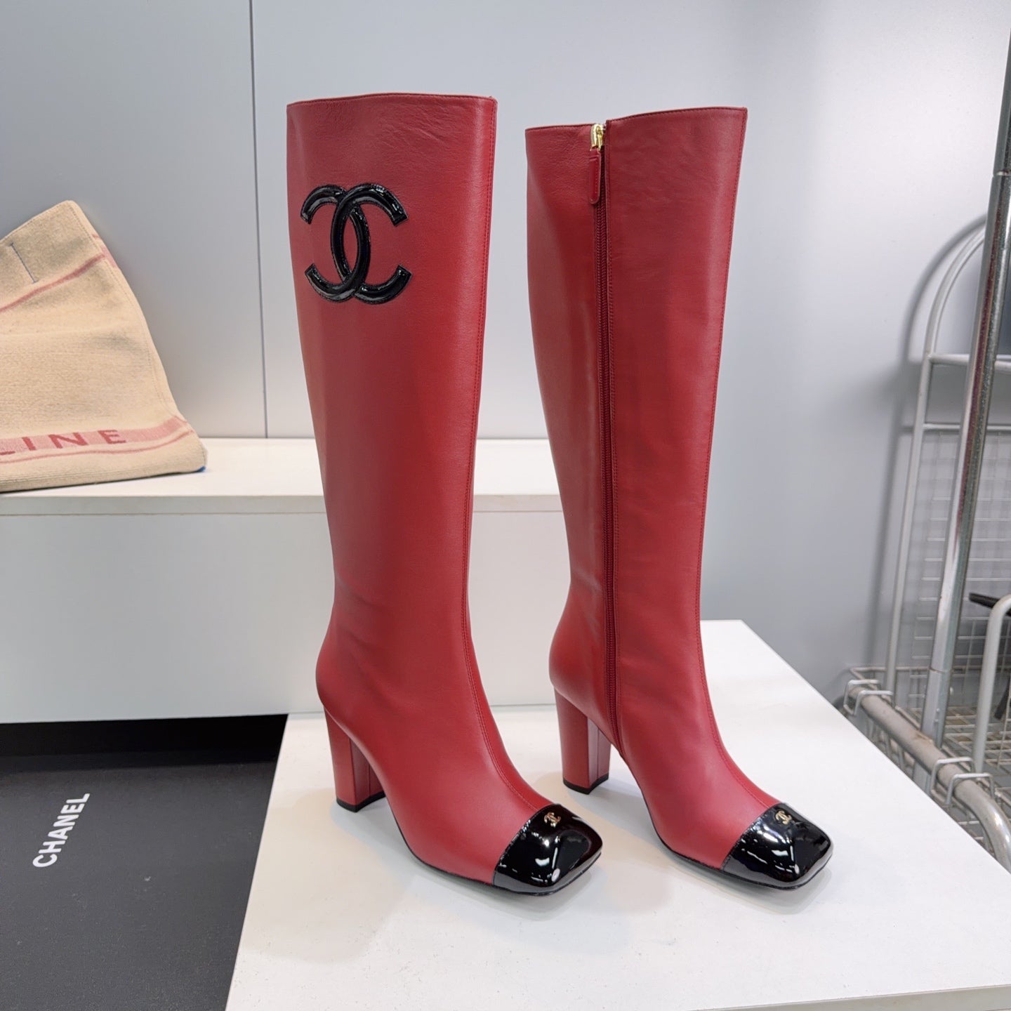 CC 26s Cap-Toe Knee-High Boots 8.5cm Red Stretch Lambskin 966846