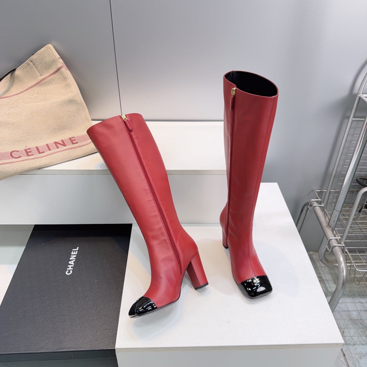 CC 26s Cap-Toe Knee-High Boots 8.5cm Red Stretch Lambskin 966846