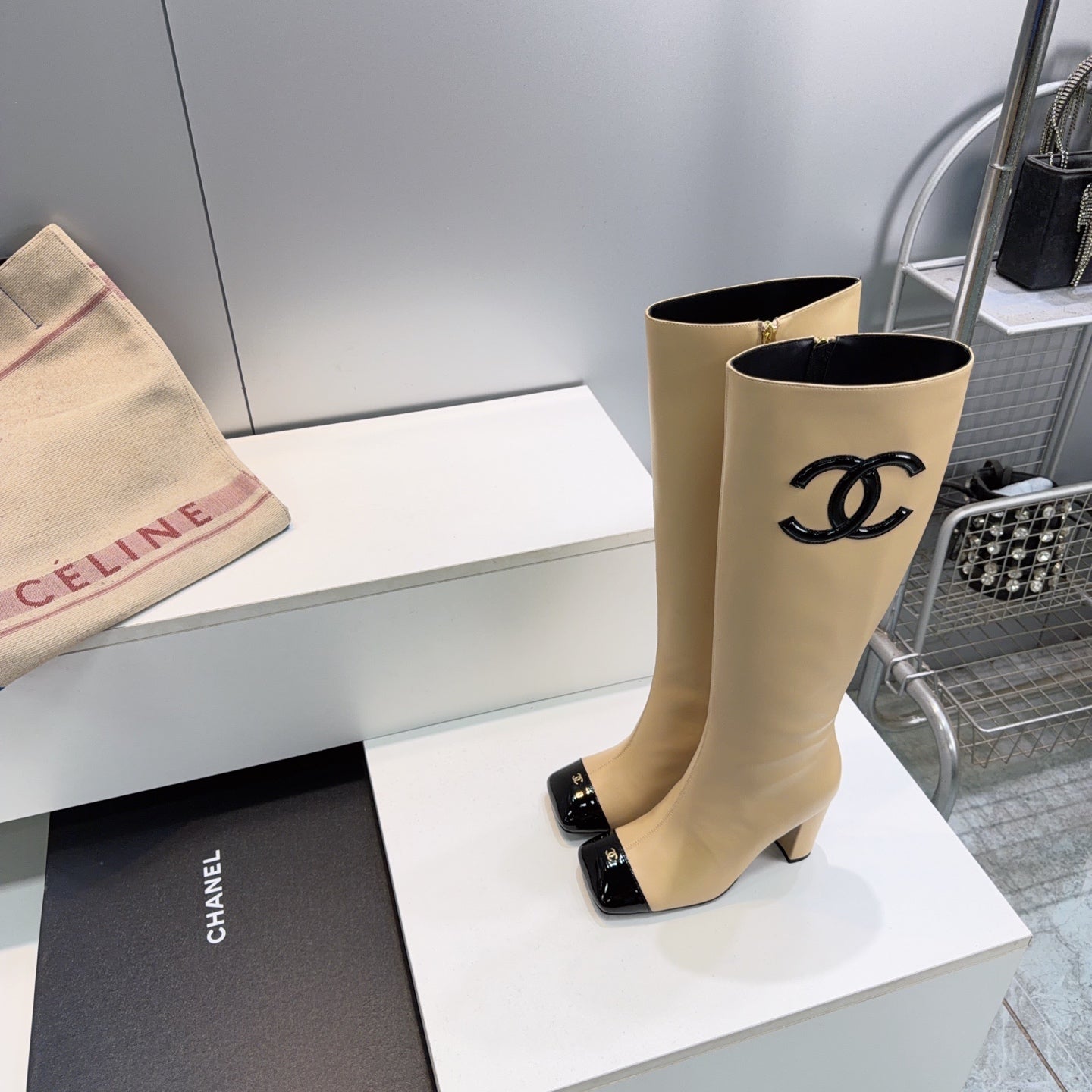 CC 26s Cap-Toe Knee-High Boots 8.5cm Beige Stretch Lambskin 966847