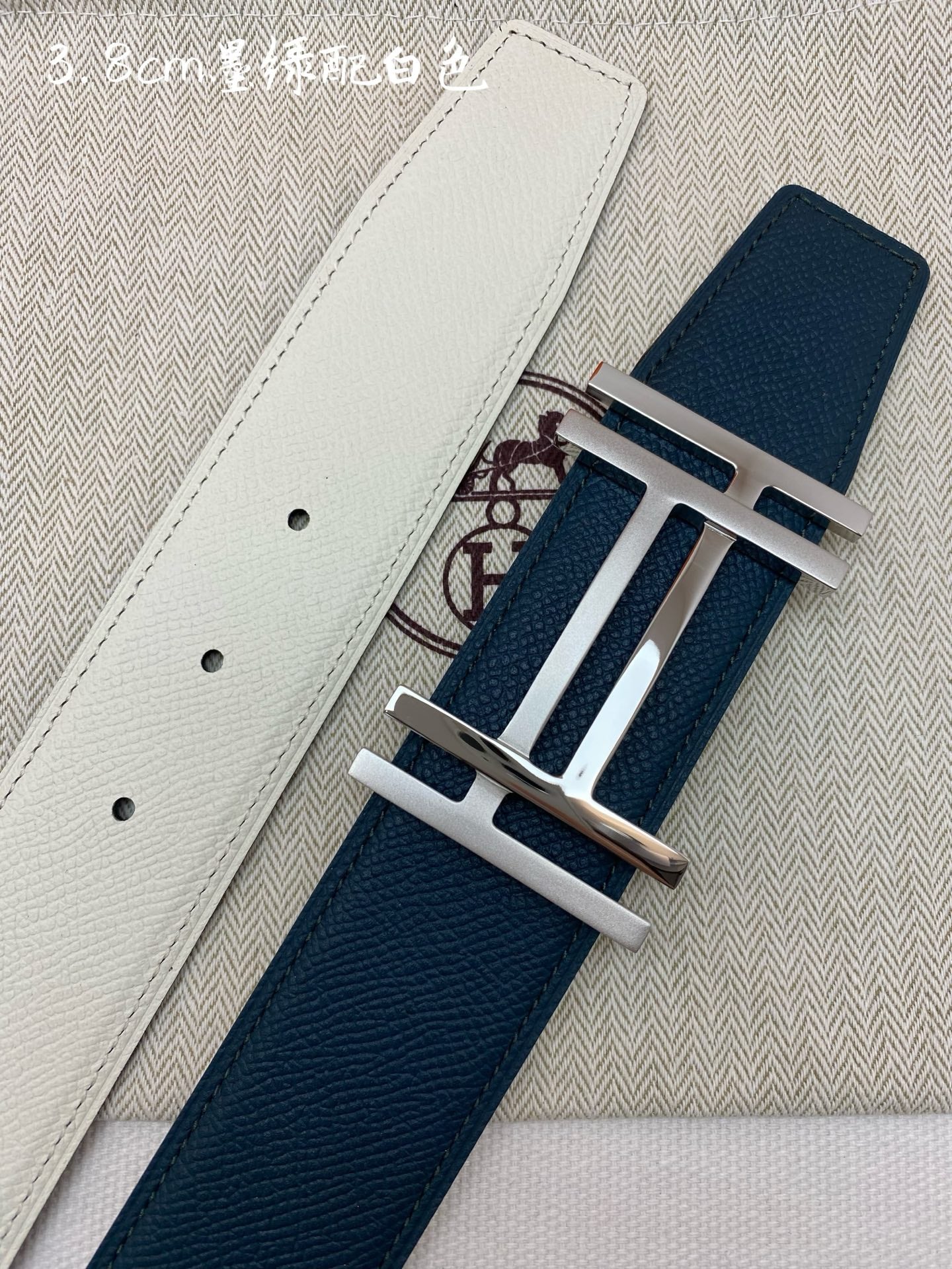 HM 3.8 Double-Sided Au Carre Belt Dark Blue White Gold Epsom