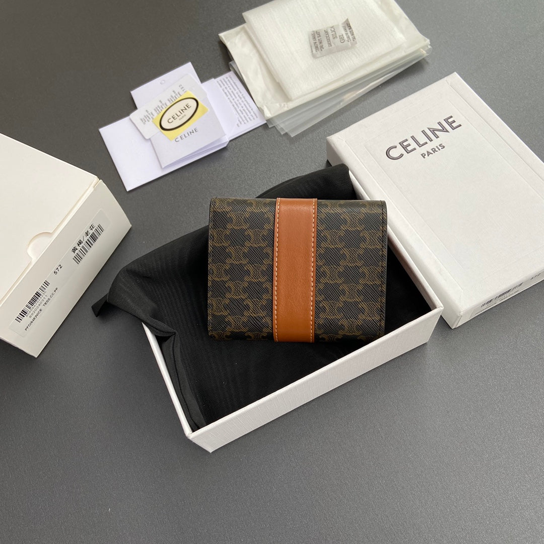 TRIOMPHE Tri-fold Wallet Tan Grain Cowhide