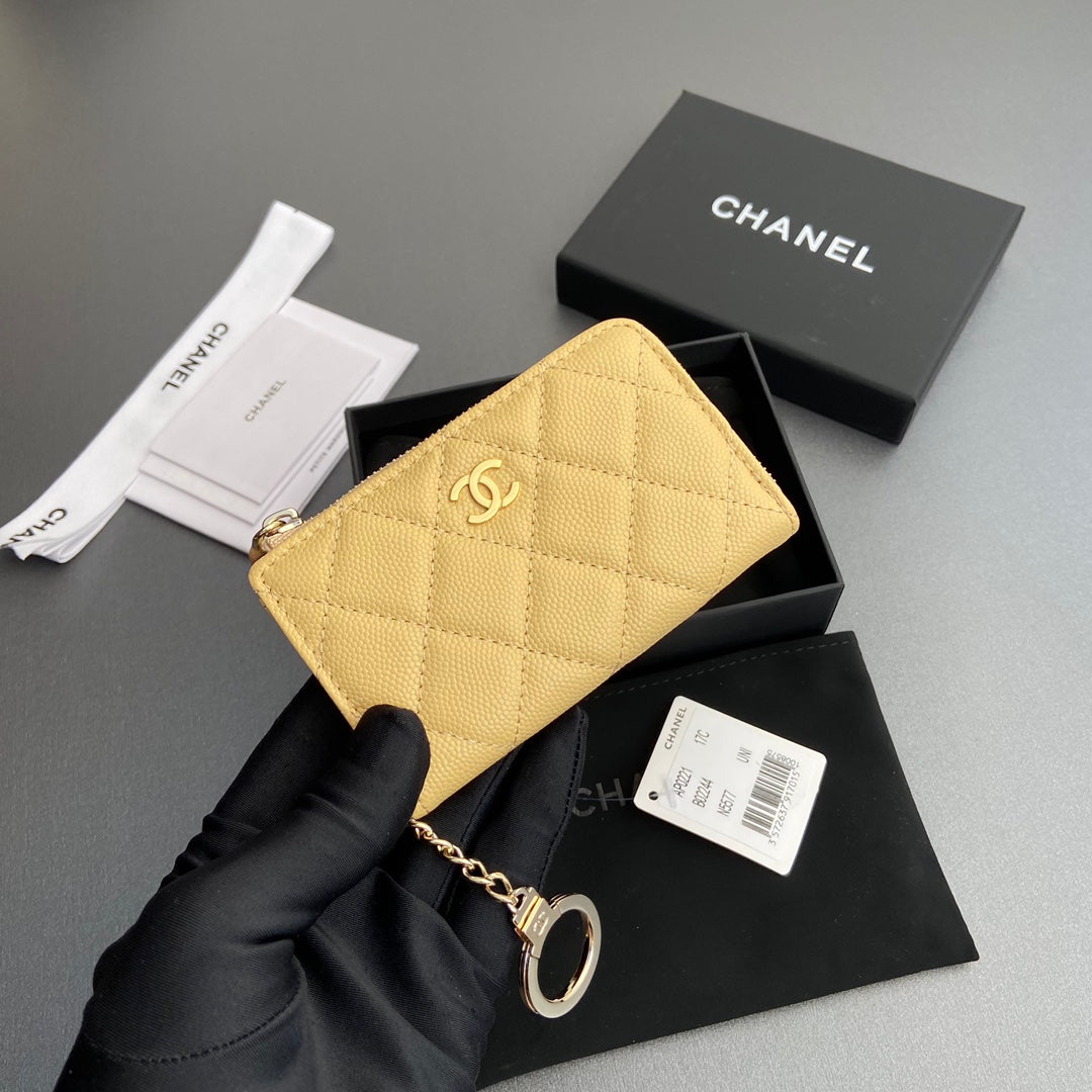 CC Hook & Chain Zipper Card Holder Yellow Caviar GHW 234715