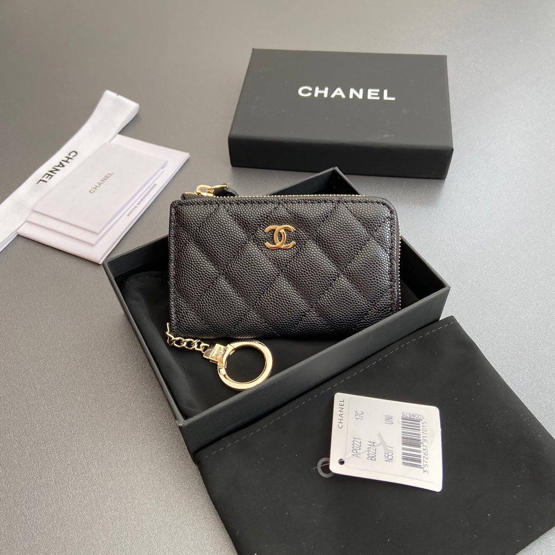 CC Hook & Chain Zipper Card Holder Black Caviar GHW 234733
