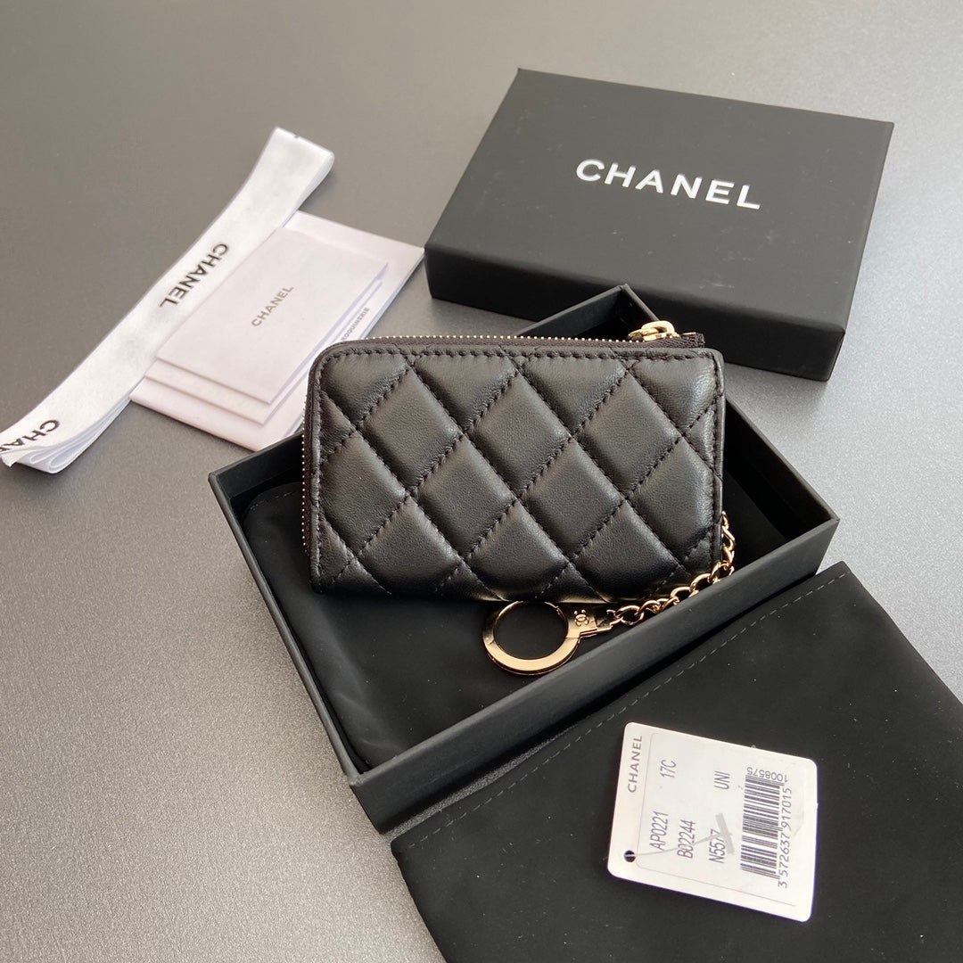 CC Hook & Chain Zipper Card Holder Black Sheepskin GHW 234737