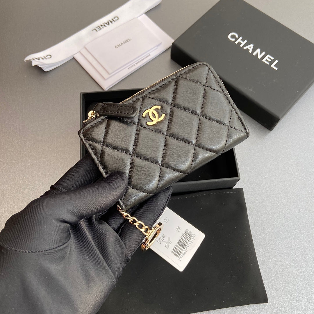 CC Hook & Chain Zipper Card Holder Black Sheepskin GHW 234737