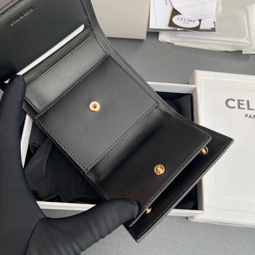 TRIOMPHE Tri-fold Wallet Black Grain Cowhide