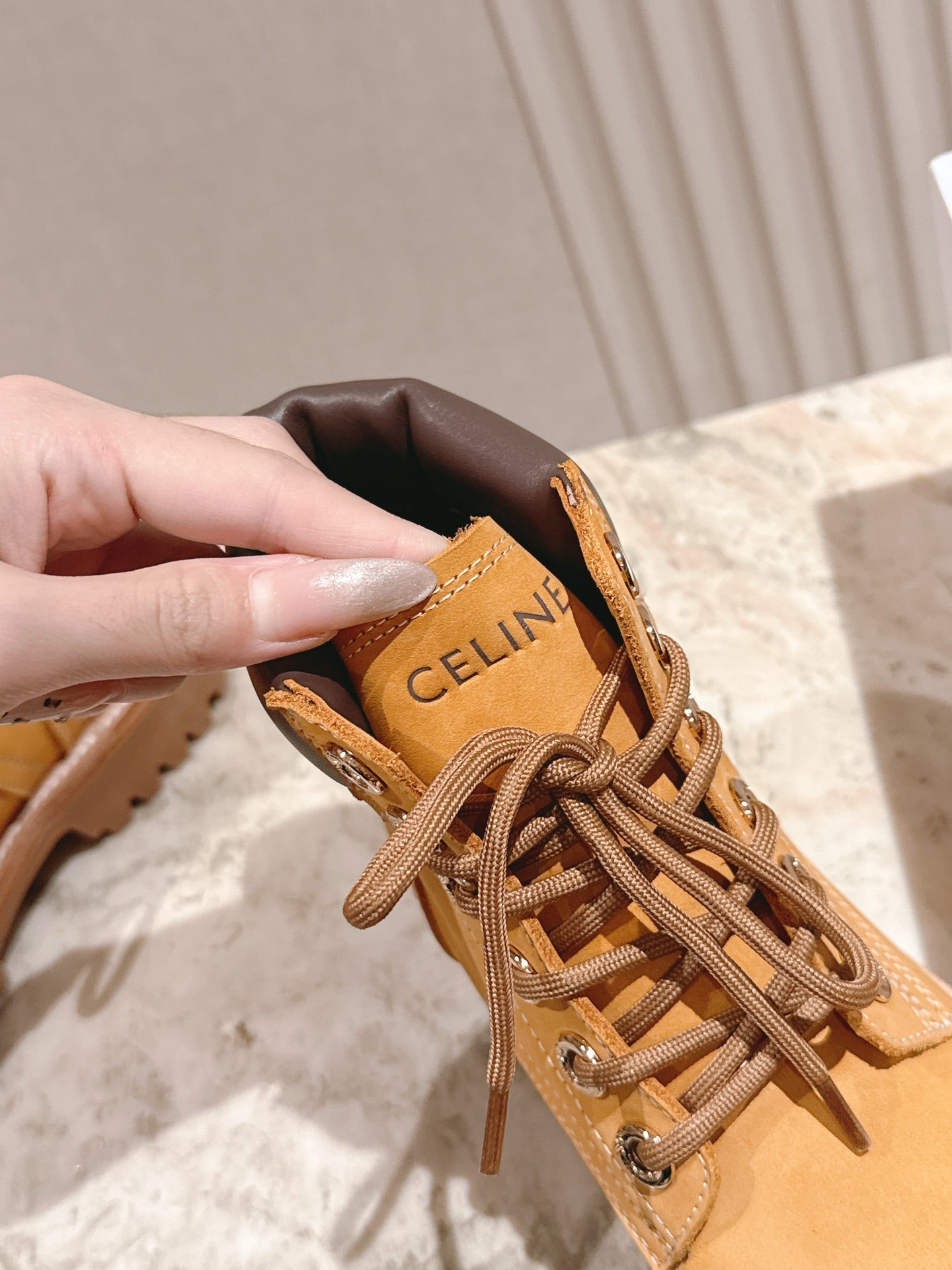 CELINE Kurt Lace-Up Martin Short Boots Light Brown Nubuck Calfskin 452782