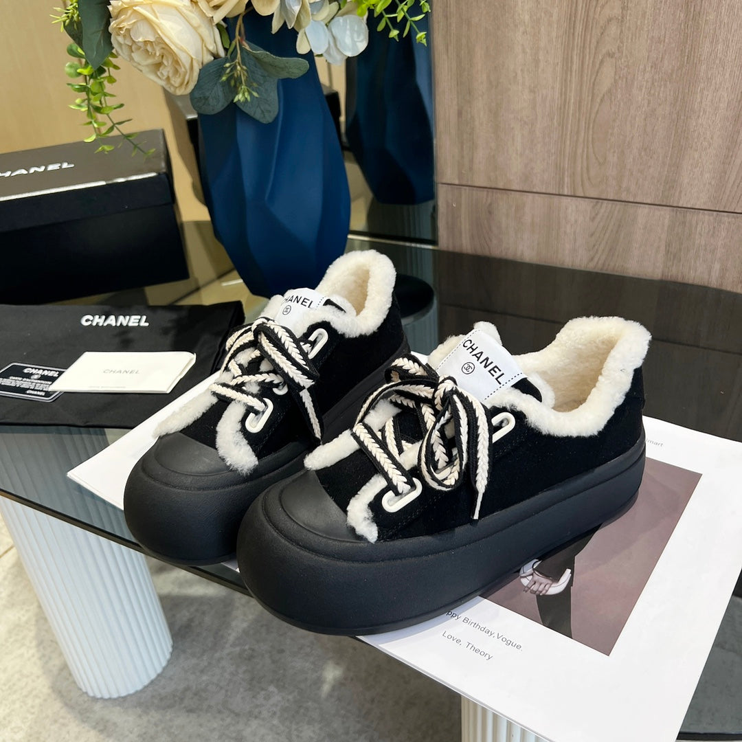 CC Sneaker Thick-Soled Black Suede Wool Lining Fleece