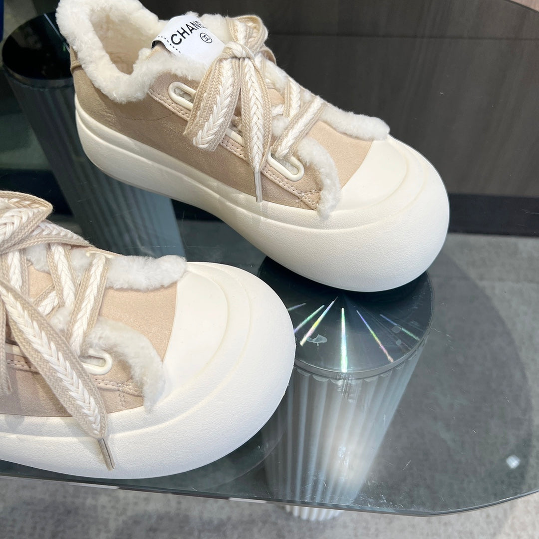 CC Sneaker Thick-Soled Beige Suede Wool Lining Fleece