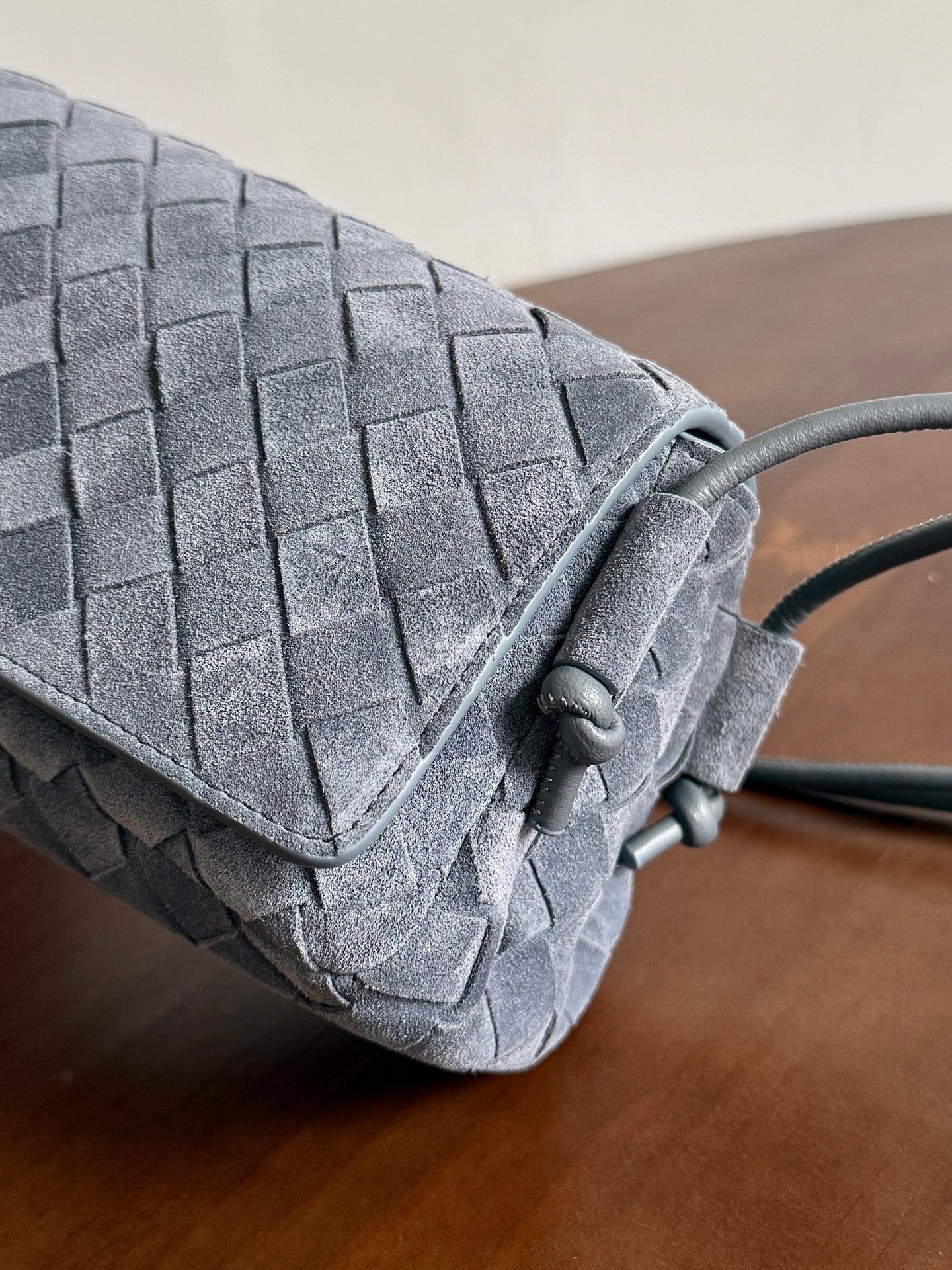 BV Notturno Flap Bag Grey Suede Intrecciato Leather