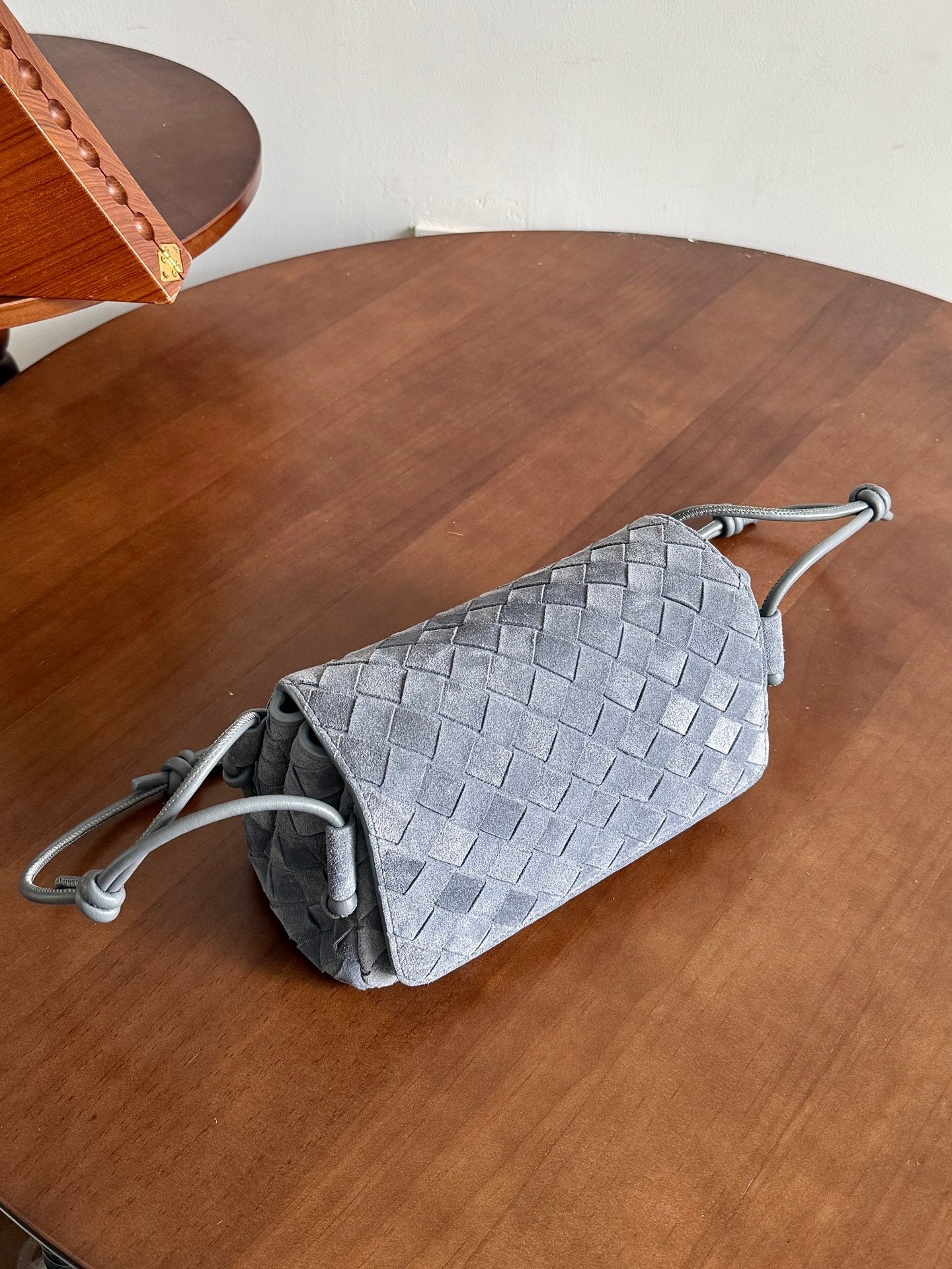 BV Notturno Flap Bag Grey Suede Intrecciato Leather