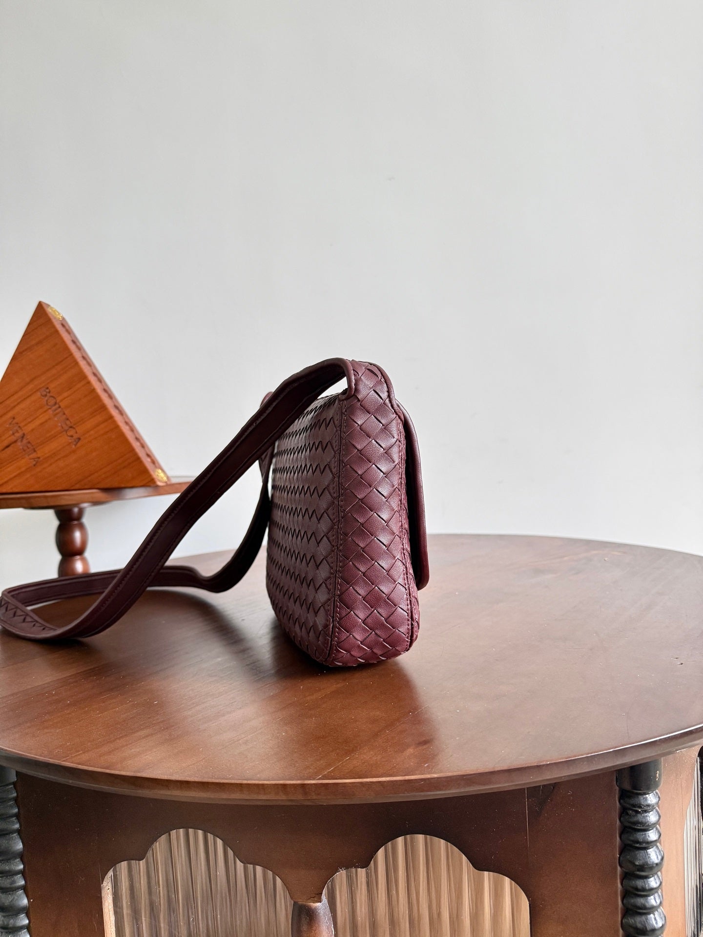 BV Veneto Flap Messenger Burgundy Intrecciato Leather