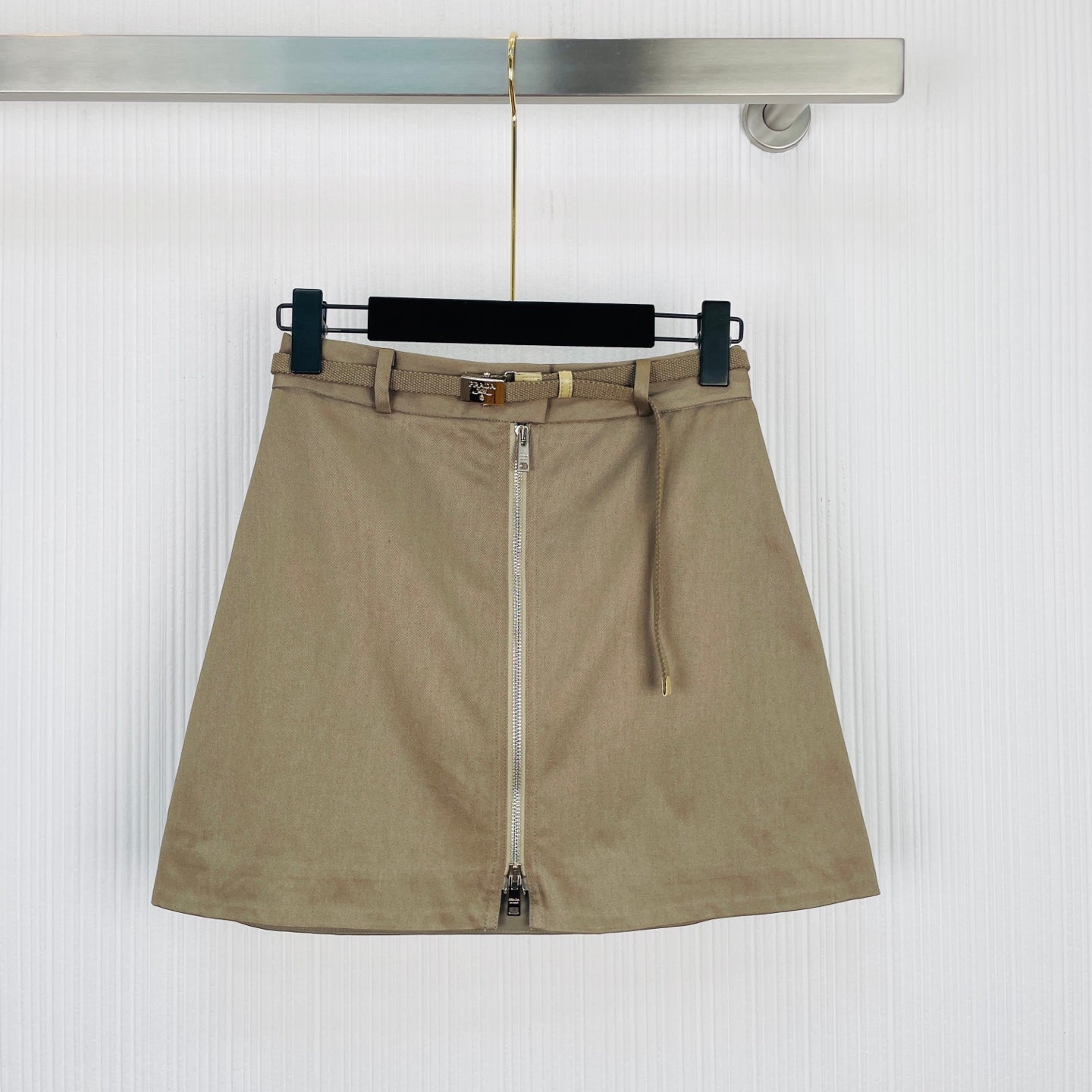 Prada Workwear Zipper Mini Skirt Khaki Cotton 414749