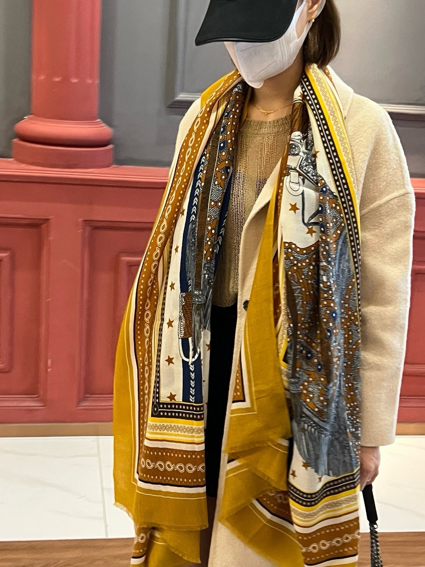Selle De Dignitaire Bandana Shawl 200 CM In Yellow Brown Colorful Cashmere 265335