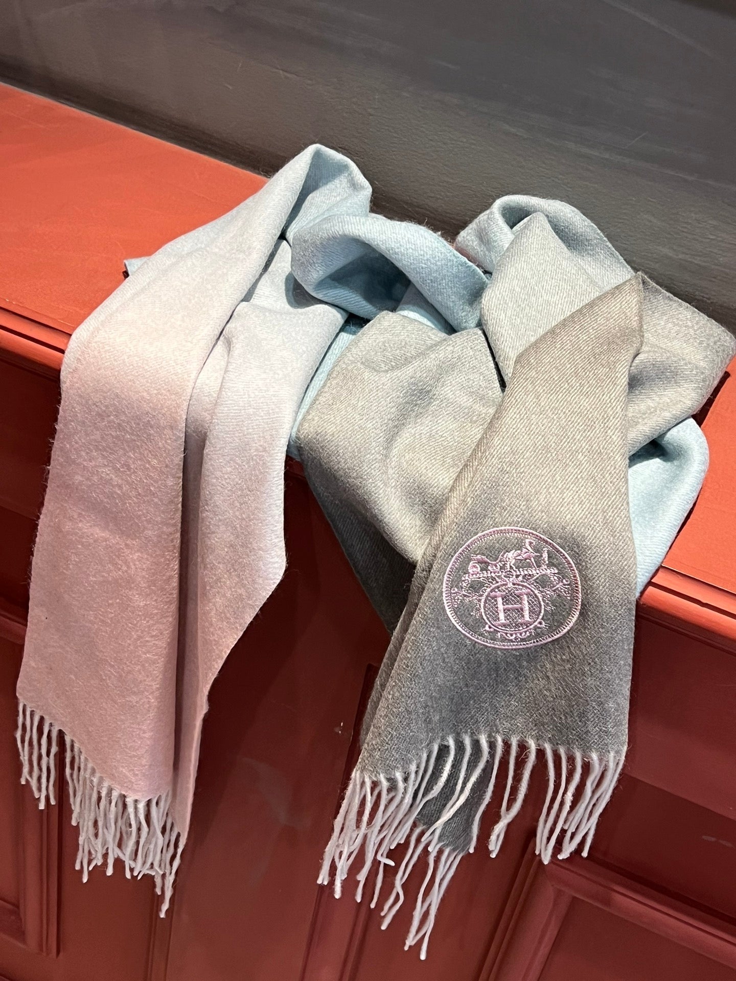Scarf 190 CM In Grey Pink Mix Light Blue Cashmere
