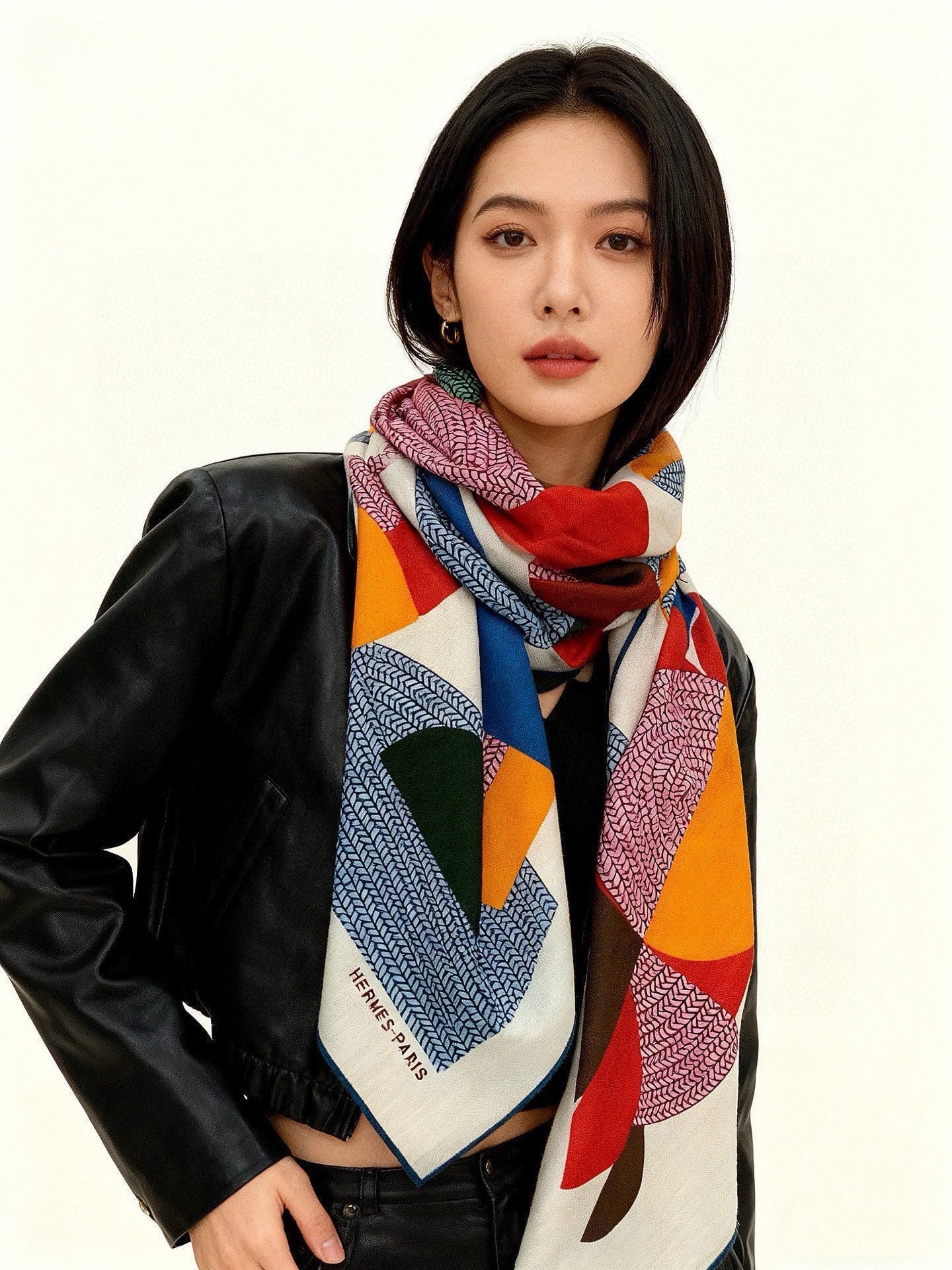 HM Mon Premier Galop Shawl 140cm White Colorful Cashmere Silk 168118