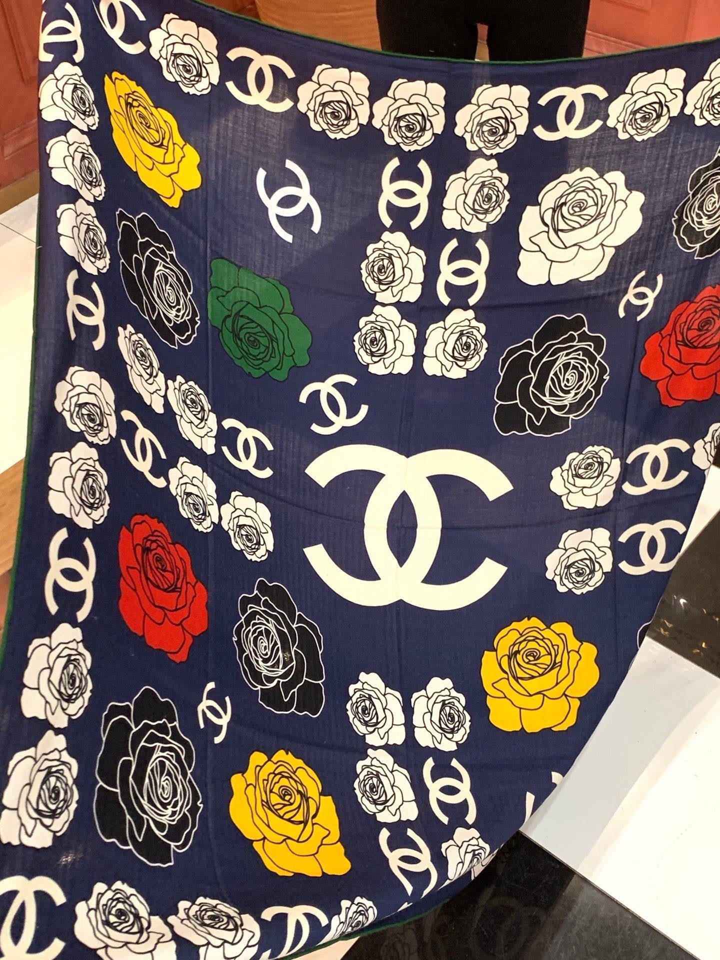CC Camellia Scarf 140cm Navy Blue Colorful Cashmere Silk 168122