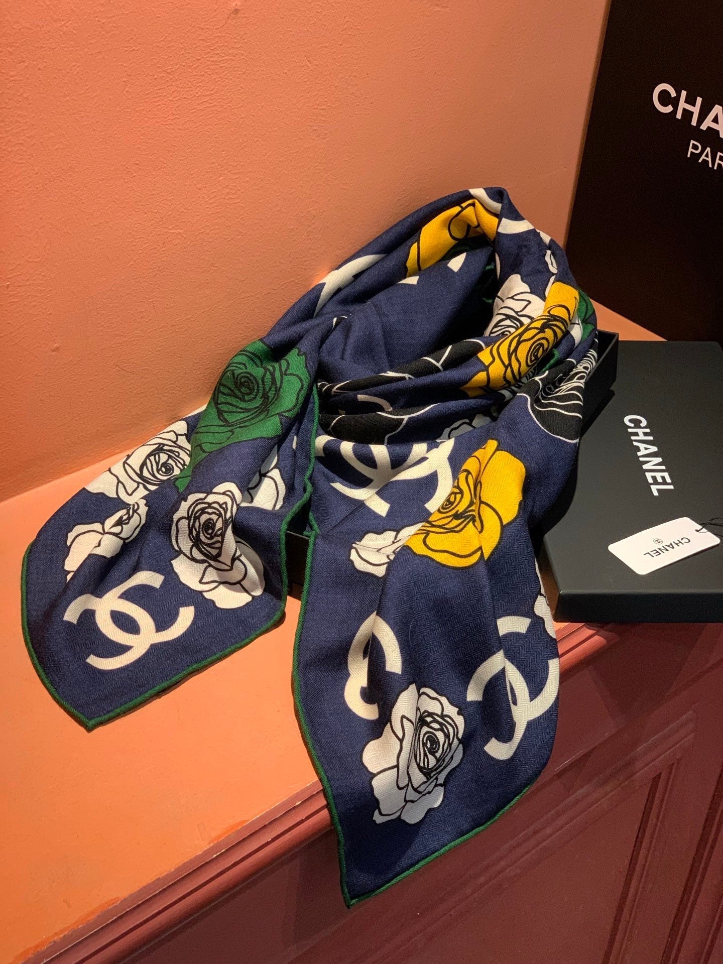 CC Camellia Scarf 140cm Navy Blue Colorful Cashmere Silk 168122
