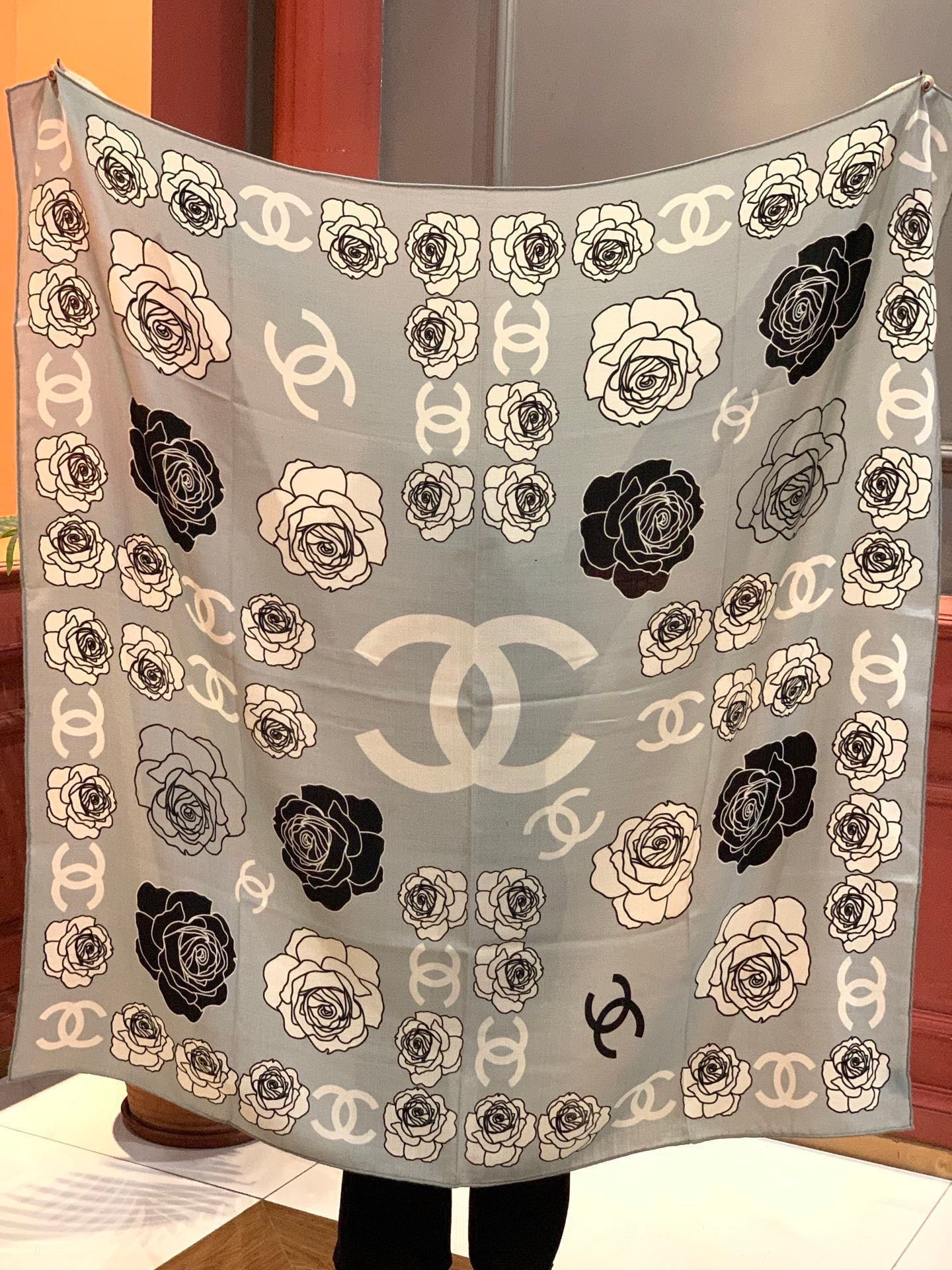 CC Camellia Scarf 140cm Grey Colorful Cashmere Silk 168125