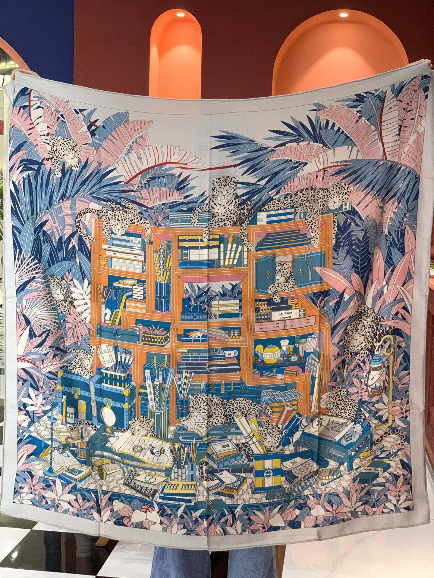 Les Douze Leopards Scarf 140cm Light Blue Colorful Cashmere Silk 168129