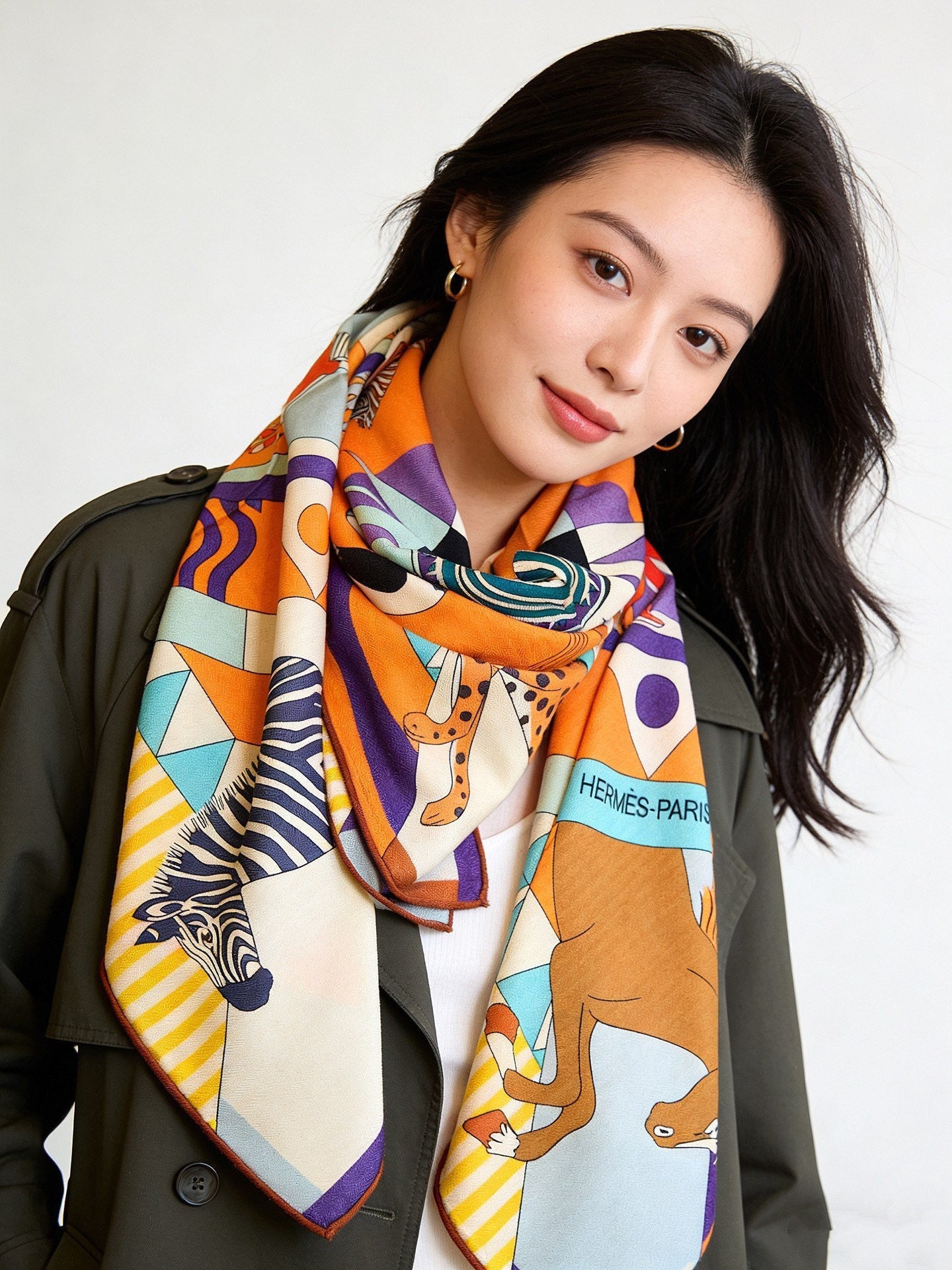 Le Carrousel du Tigre Royal 140cm Orange Colorful Cashmere Silk 168135
