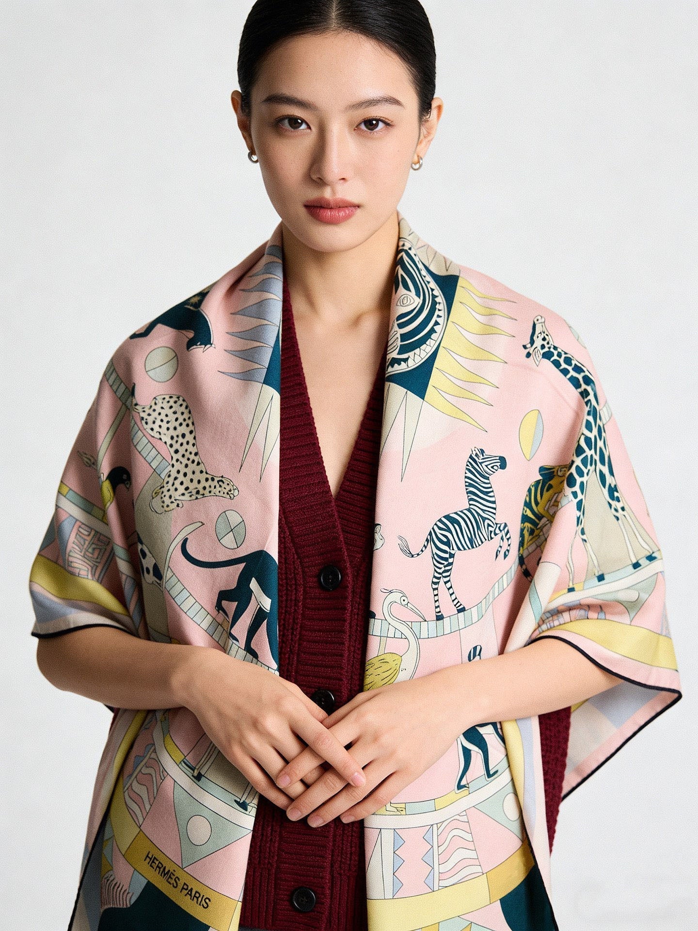 Le Carrousel du Tigre Royal 140cm Light Pink Colorful Cashmere Silk 168136