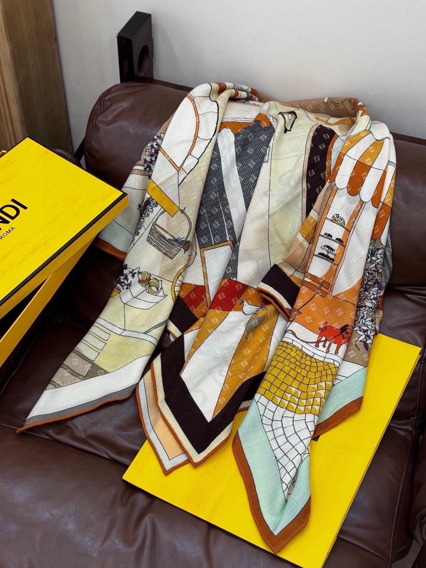 Fendi Walking Around Rome Scarf 140x140 Cashmere Silk 328842