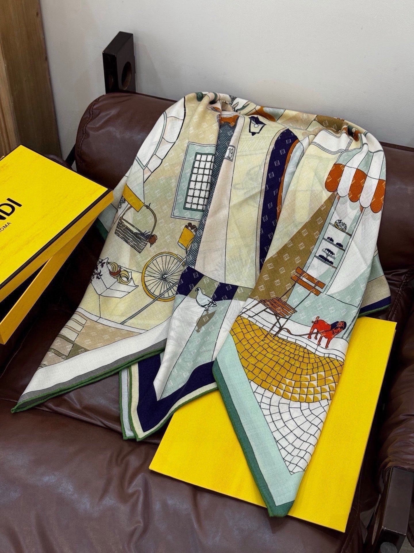 Fendi Walking Around Rome Scarf 140x140 Cashmere Silk 328844