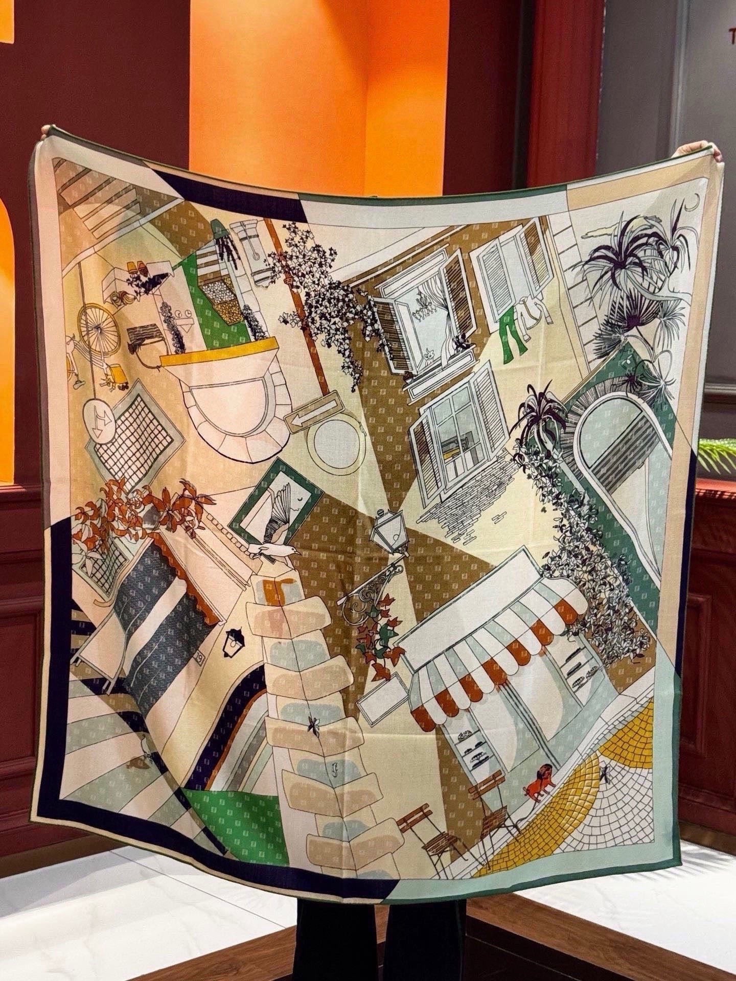 Fendi Walking Around Rome Scarf 140x140 Cashmere Silk 328844