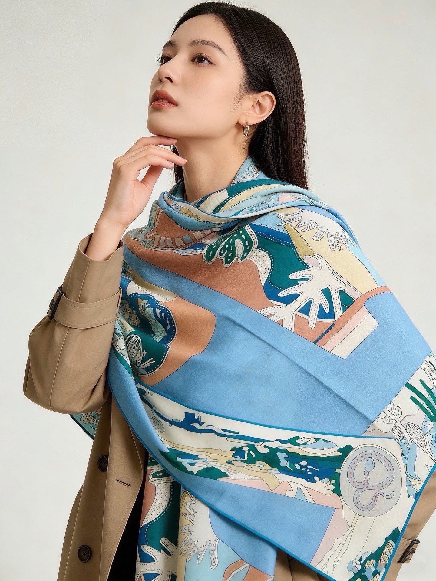 HM Bottes Story Scarf 140x140 Light Blue Cashmere Silk 328849