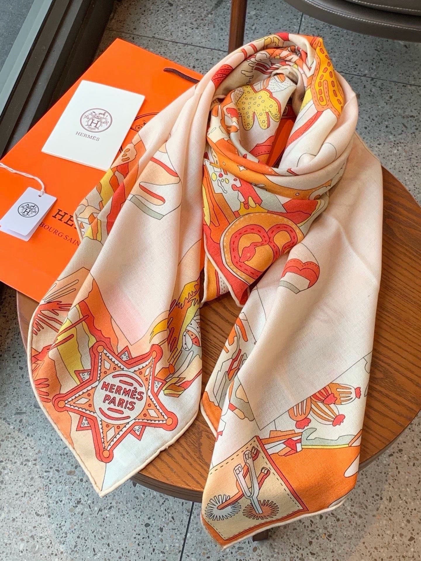 HM Bottes Story Scarf 140x140 Orange Cashmere Silk 328852