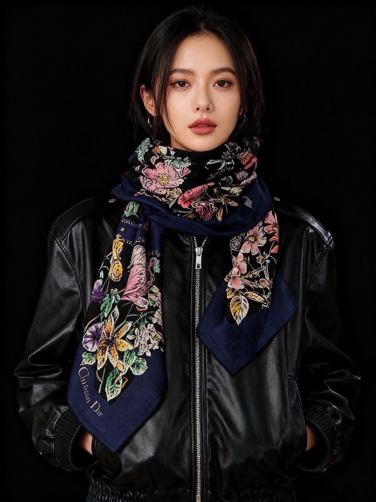 CD 26s Astral Flowers Scarf 90x90 Blue Mulberry Silk Cashmere 328857