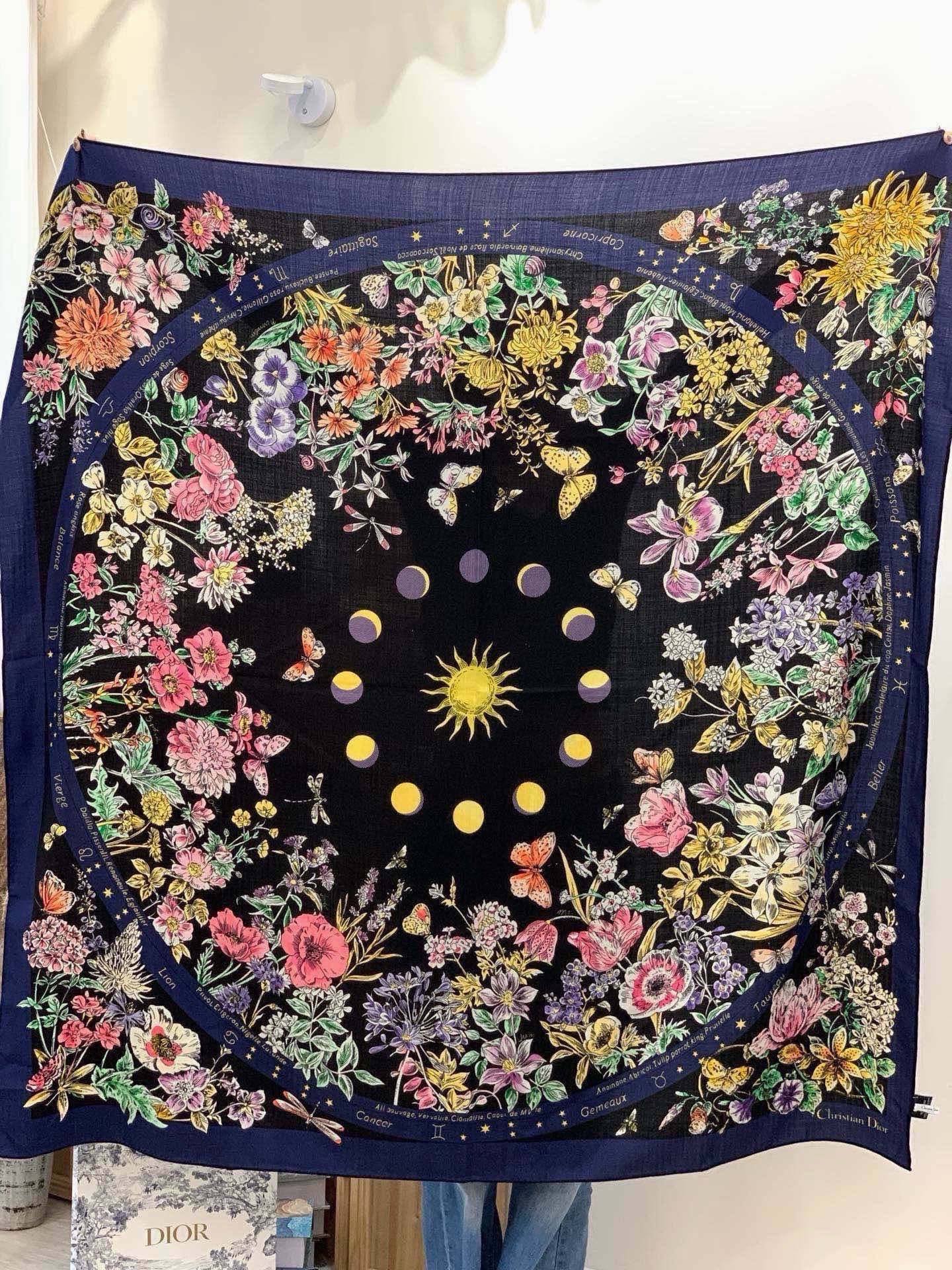 CD 26s Astral Flowers Scarf 90x90 Blue Mulberry Silk Cashmere 328857
