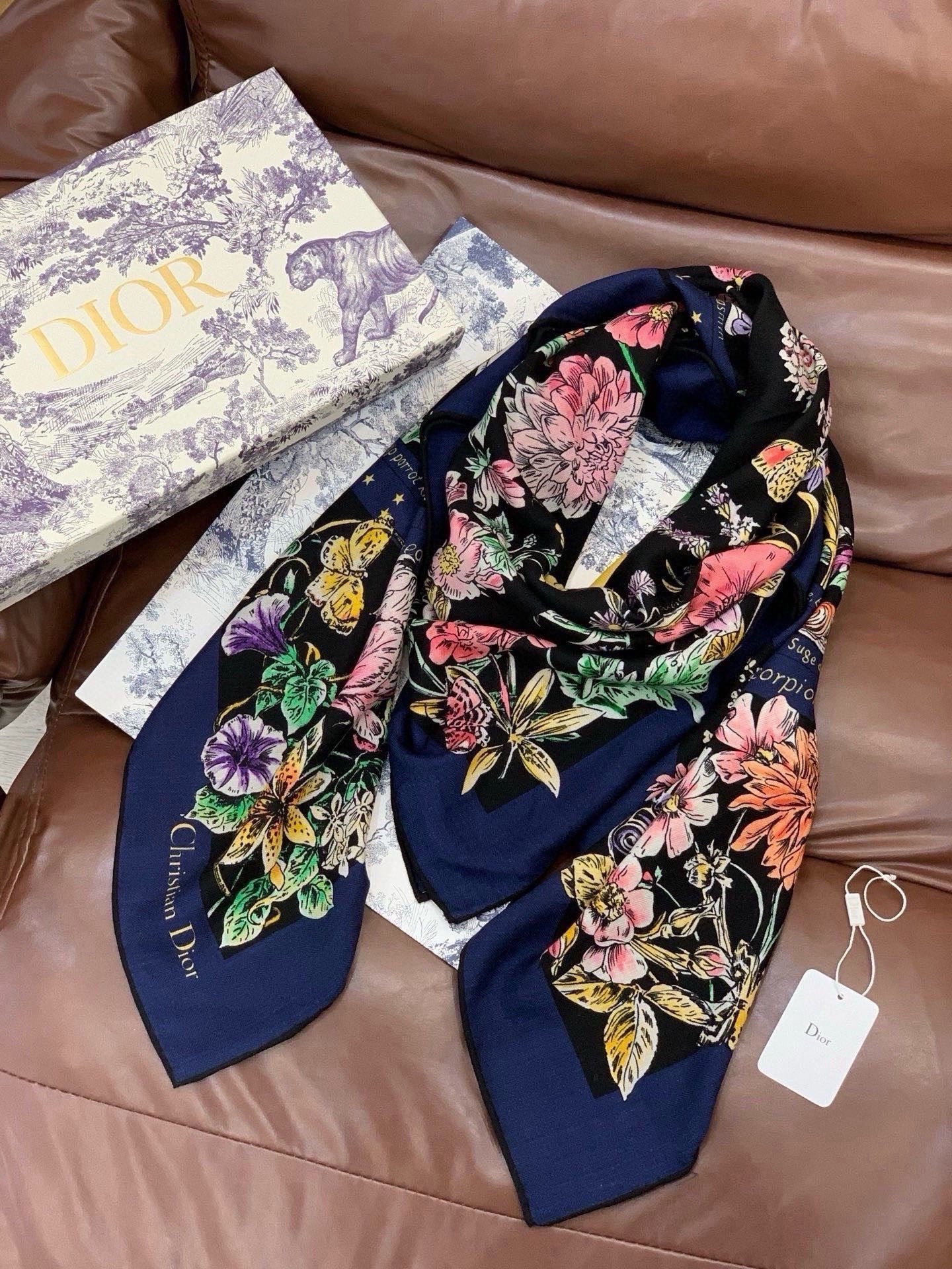 CD 26s Astral Flowers Scarf 90x90 Blue Mulberry Silk Cashmere 328857