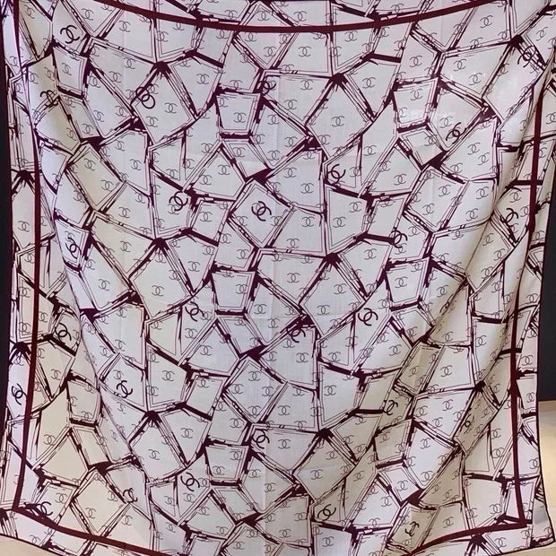 Chanel 2026 Geometric Scarf 135cm Burgundy White Silk And Cashmere 214970