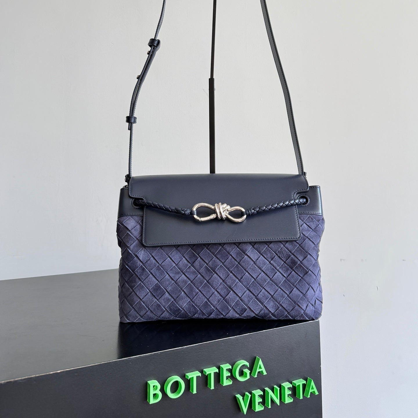 BV Small Andiamo Messenger Bag 29s Dark Blue Suede Intrecciato Leather