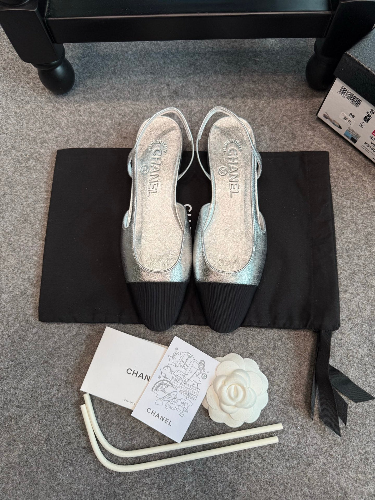 CC 26s Slingback Flats 2cm Silver Black Metallic Leather 118960
