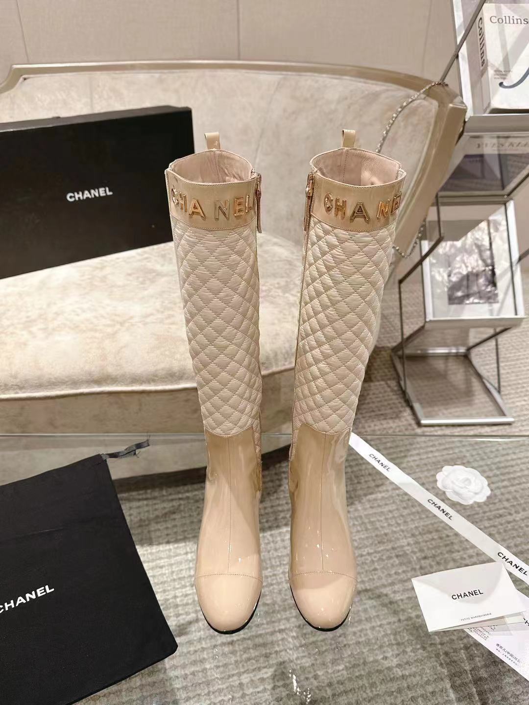CC 26S Quilted Jumping Boots 5.5cm Beige Patent Leather Nylon 117685