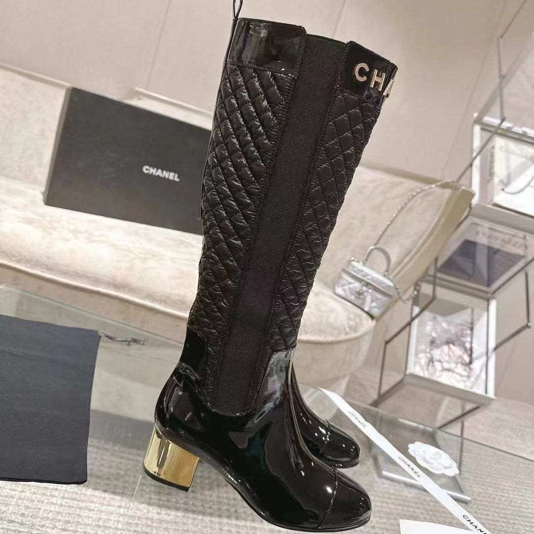 CC 26S Quilted Jumping Boots 5.5cm Black Patent Leather Nylon 117686