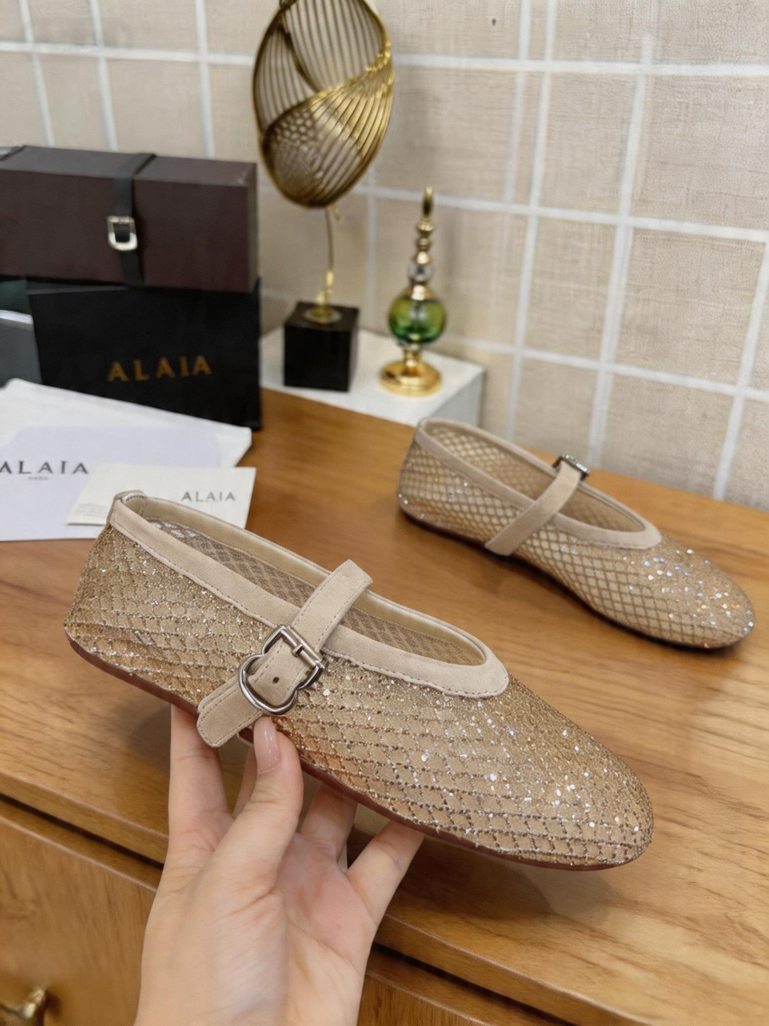 Alaia 26s Fishnet Ballet Flat Light Khaki Mesh 935644