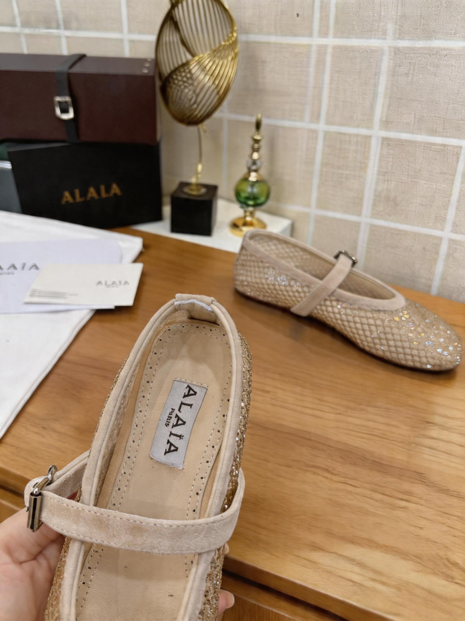 Alaia 26s Fishnet Ballet Flat Light Khaki Mesh 935644