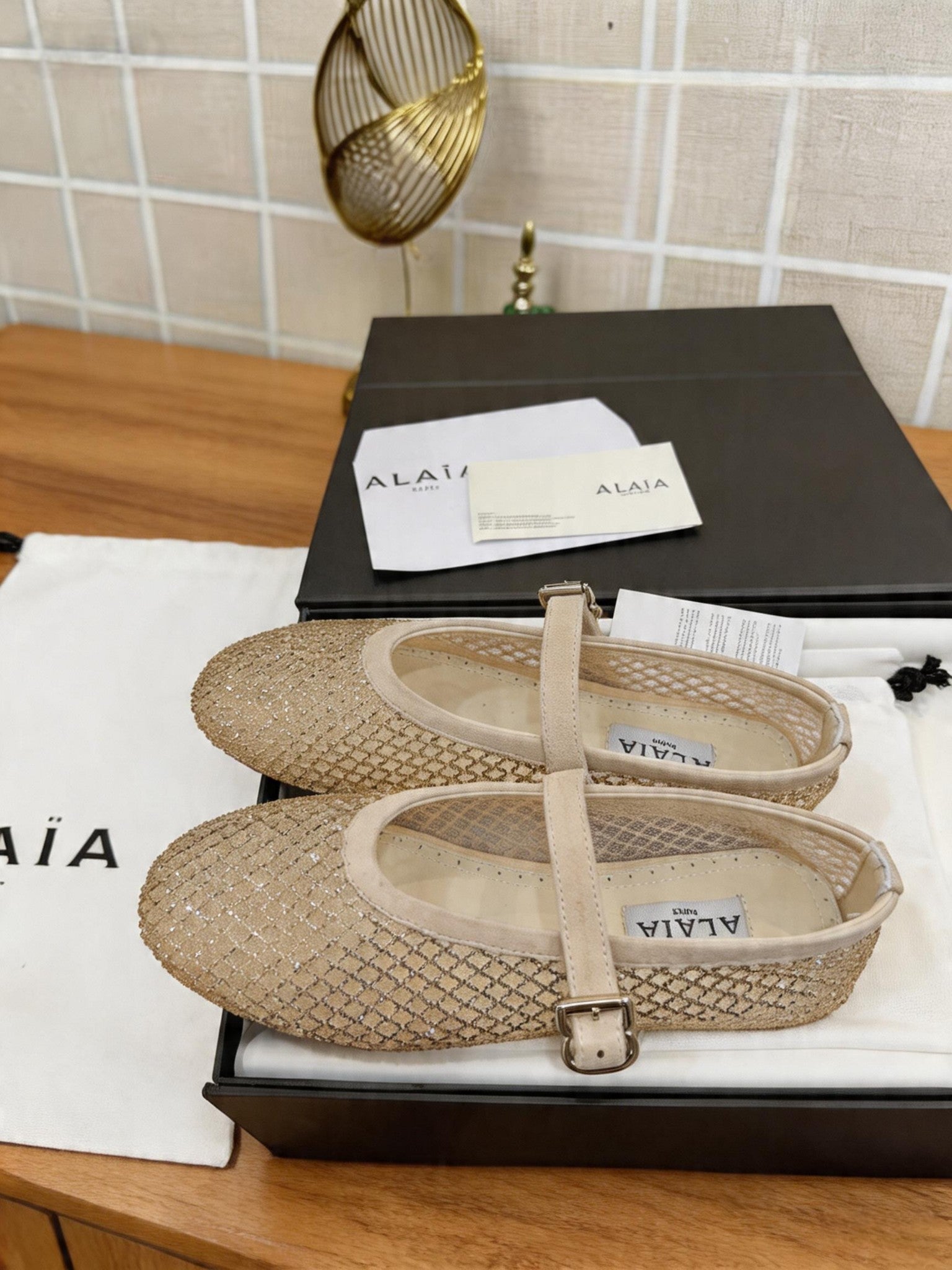 Alaia 26s Fishnet Ballet Flat Light Khaki Mesh 935644