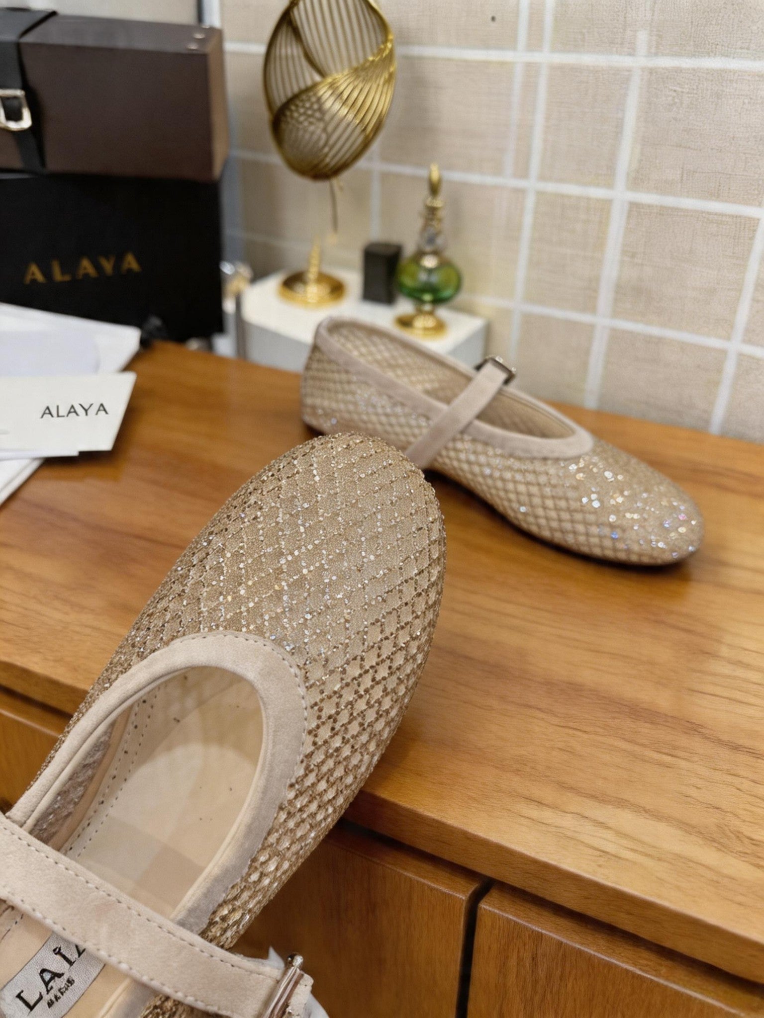 Alaia 26s Fishnet Ballet Flat Light Khaki Mesh 935644