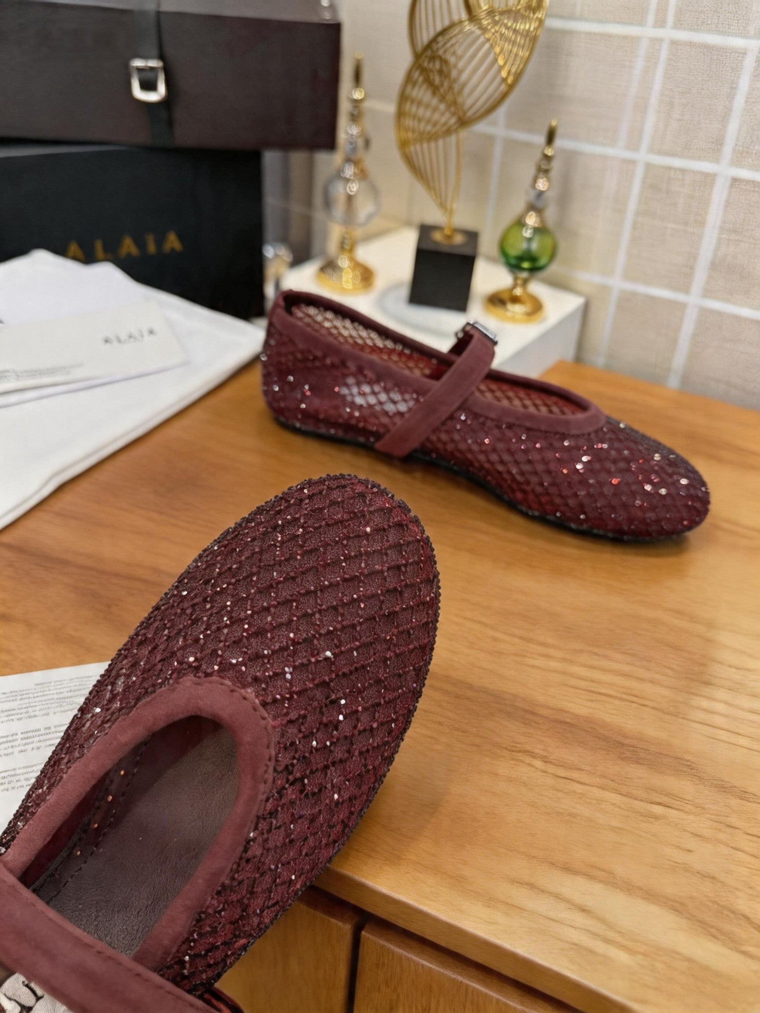 Alaia 26s Fishnet Ballet Flat Burgundy Mesh 935645