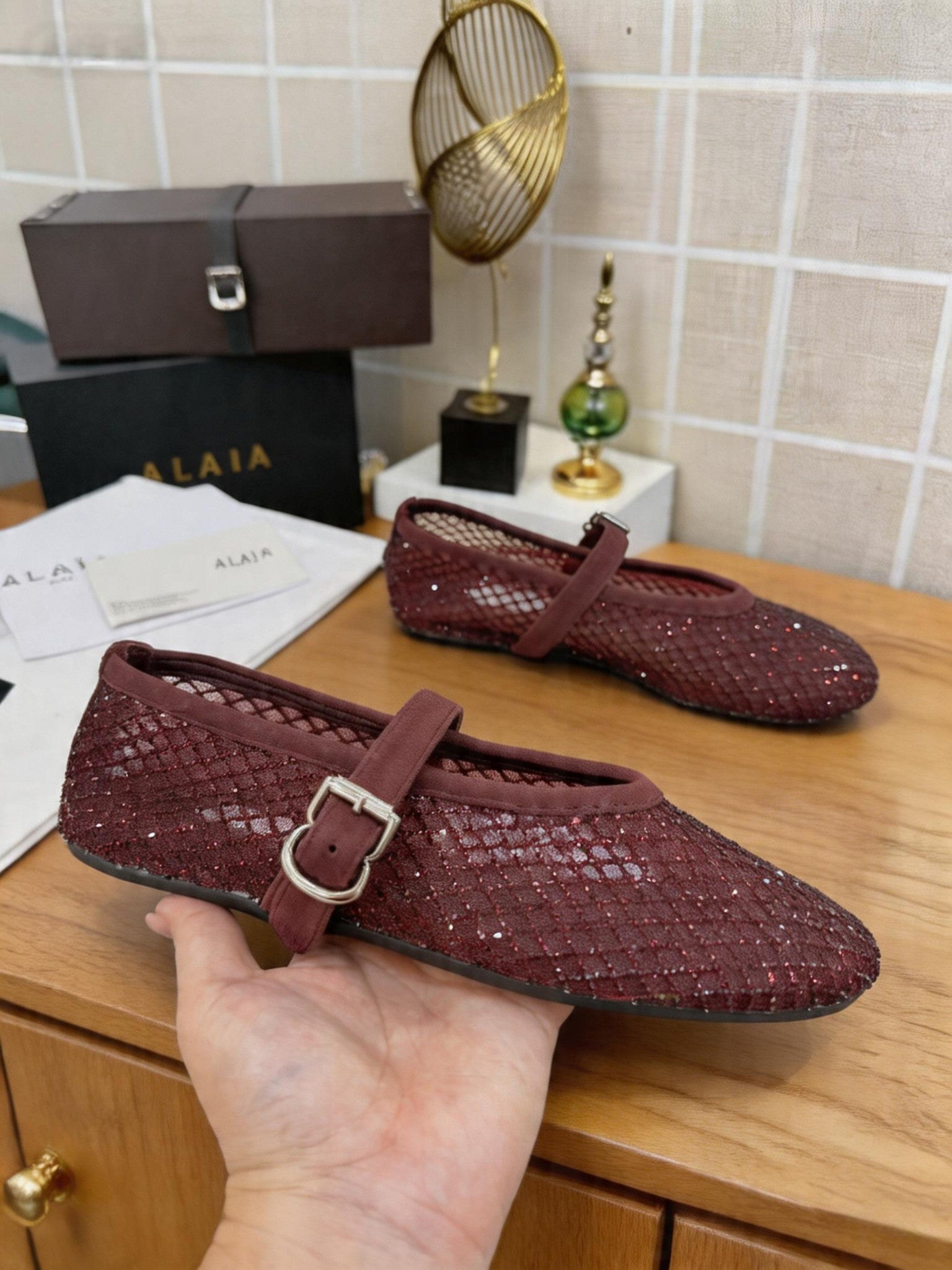 Alaia 26s Fishnet Ballet Flat Burgundy Mesh 935645