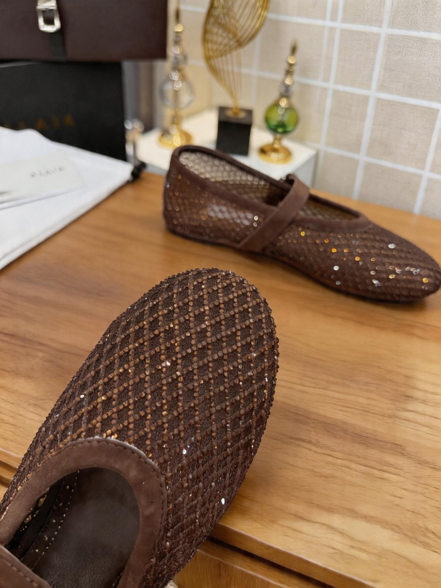 Alaia 26s Fishnet Ballet Flat Brown Mesh 935646