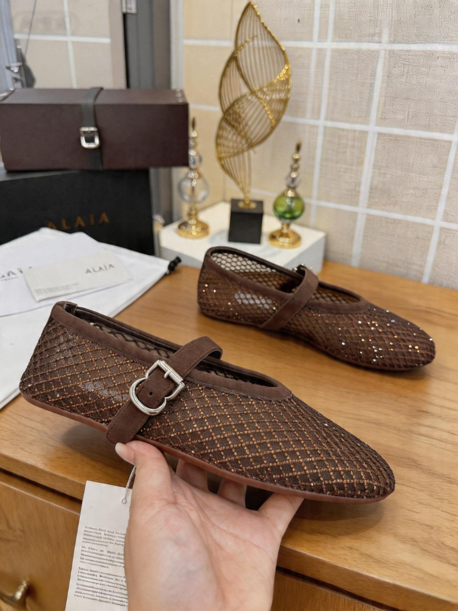 Alaia 26s Fishnet Ballet Flat Brown Mesh 935646