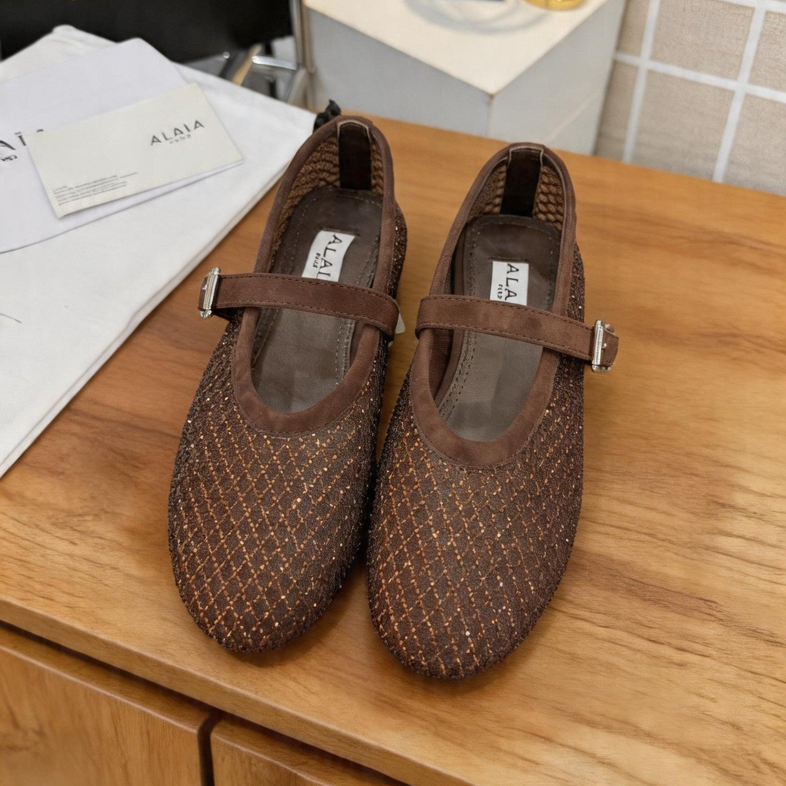 Alaia 26s Fishnet Ballet Flat Brown Mesh 935646